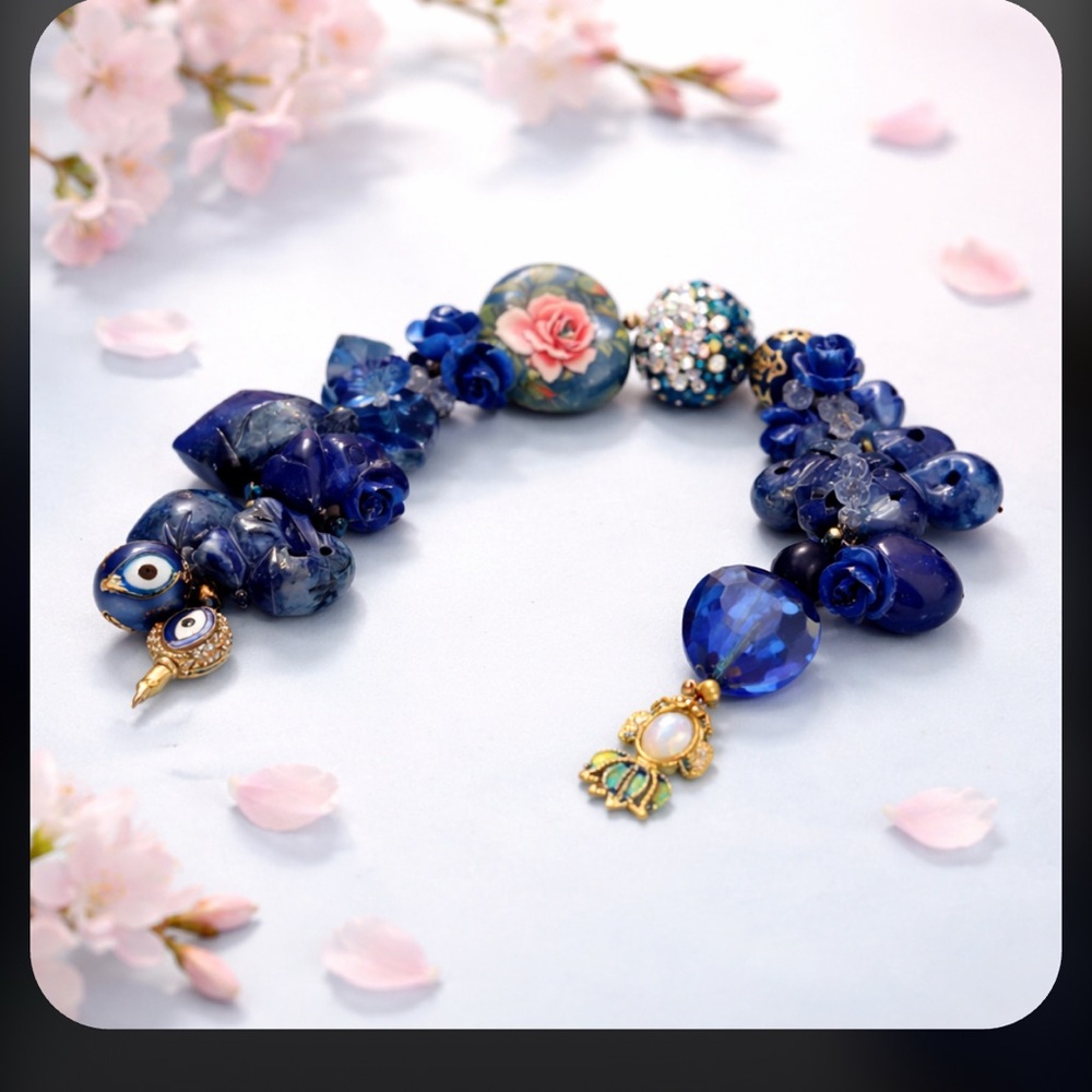 Blue Beaded Charm Bracelet lápiz lasuli stone real stone good luck